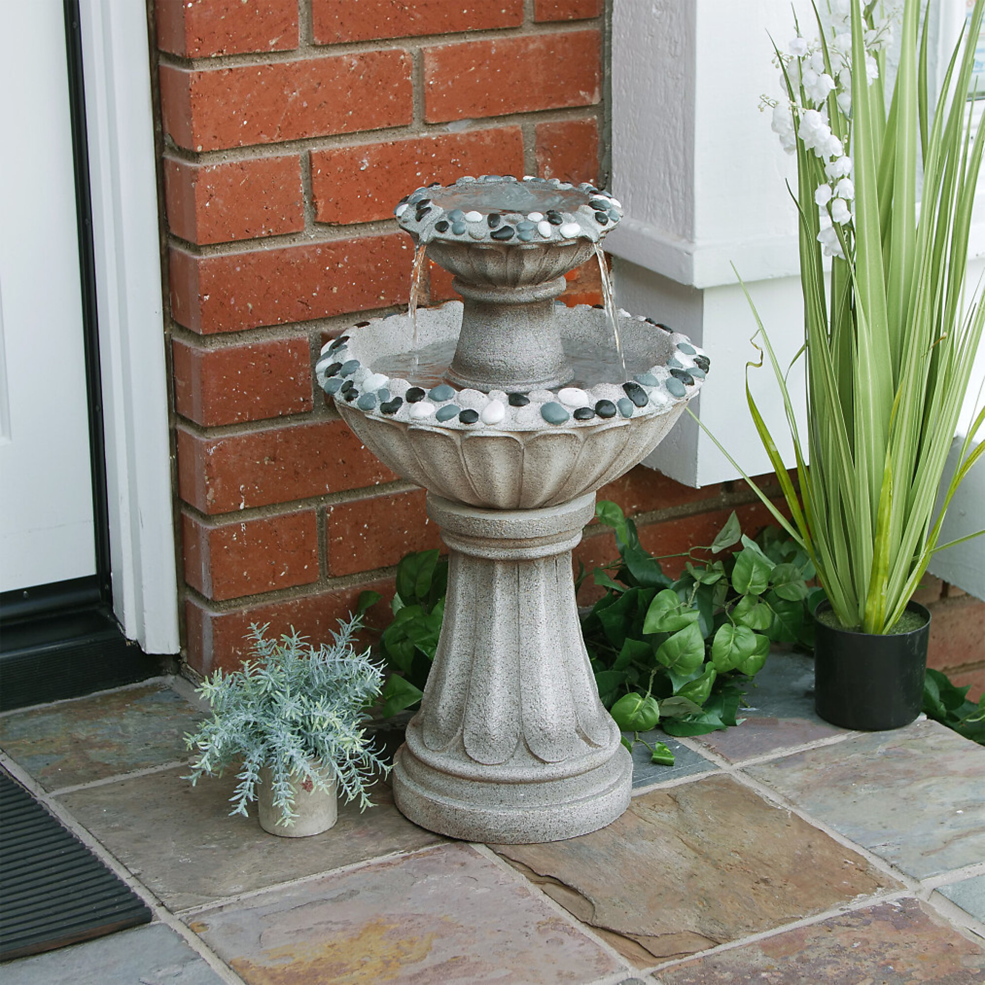 Alpine Corporation, 2-Tier Gray Pedestal Fountain with Pebbles, Volts 120 Power Cord Length 6 ft, Model# ZEN640S
